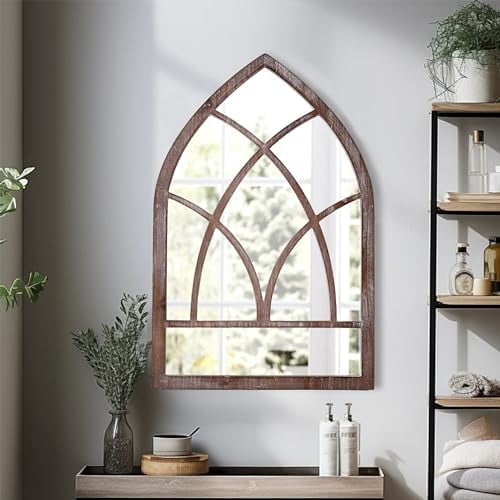 Farmhouse Arched Window Mirror Wall Decor 16 X 24 Inch, Hanging Distressed White Rustic Cathedral Window Pane Mirror Wall Decor for Living Room, Wood Decorative Mirrors for Entryway