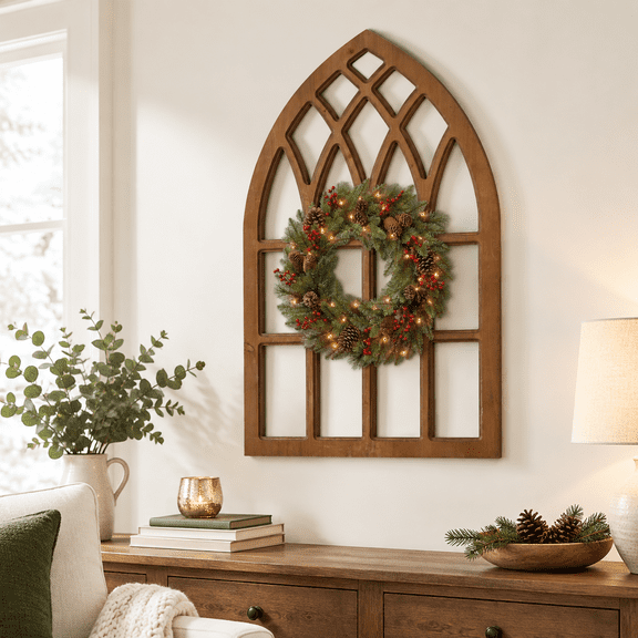 Farmhouse Arched Wood Window Wall Decor, 20 x 32 Inch, Rustic Distressed Finish