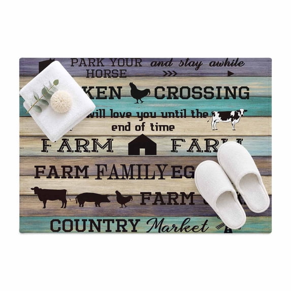 Farmhouse Area Rug 2'x3', Barn Pig Chicken Brown Teal Ombre Wood Grain ...