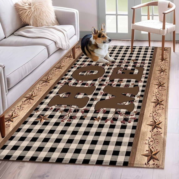 Farmhouse Area Rug 4'x6', Vintage Country Texas Star Plaid Wooden Grain Washable Non-Slip Rugs, Low Pile Large Carpet for Living Room Bedroom Dining Room Kitchen Office Indoor Mat