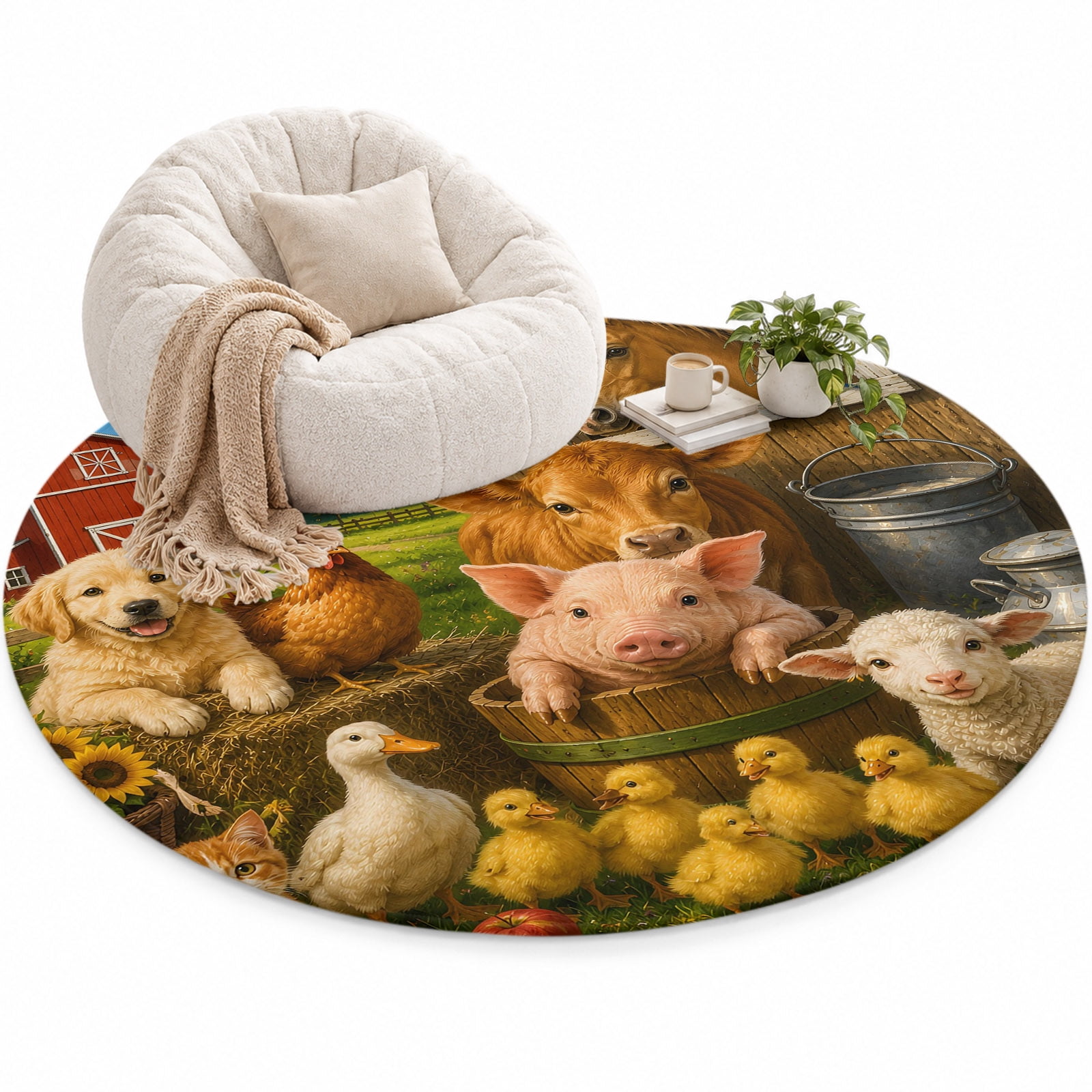 Farmhouse Area Rug 6', Countryside Landscape Pig Horse Dog Barn Soft ...