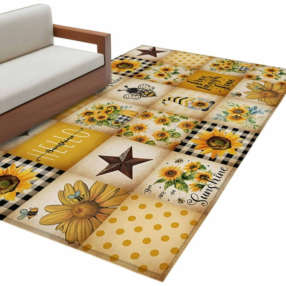 Farmhouse Area Rug 3x5ft Sunflower Gnome Bee Star Yellow Buffalo Plaid Patchwork Non-Slip Washable Square Rugs Soft Felt Indoor Floor Mat for Bedroom Kitchen Living Room Bathroom