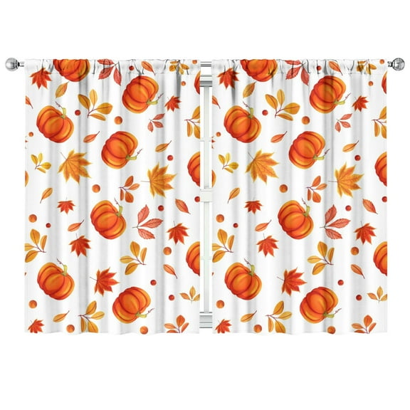 Farmhouse Autumn Harvest Kitchen Curtains Set of 2 - Fall Leaves & Pumpkins Design, Rod Pocket Window Treatments, 42x63 Inch