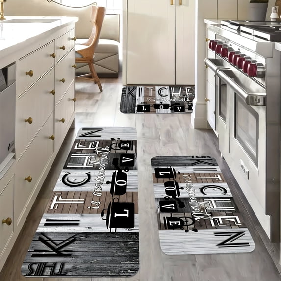Farmhouse Autumn Kitchen Mat Love Kitchenware Pattern Kitchen Mat Flannel Material Soft and Comfortable Non-slip Easy to Clean Suitable for Bathroom Kitchen Bedroom Living Room Porch