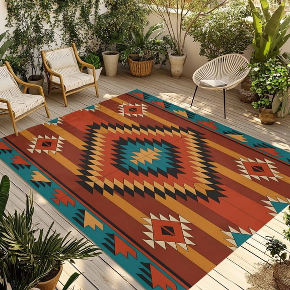 Farmhouse Aztec Outdoor Rug 5x8 Ft - Reversible Patio Rug Outdoor Camping Rugs, Southwest Brown Geometric Retro Washable Indoor Outdoor Area Rugs, Non-Slip Outdoor Carpet Runner for Deck/Porch
