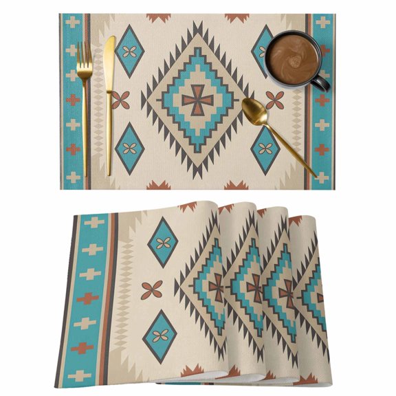 Farmhouse Aztec Southwest Placemats Set of 6,Wipeable Washable Table Mats for Dining Tables, Brown Ethnic Geometric Place Mats for Kitchen Event Party Tabletop Decor