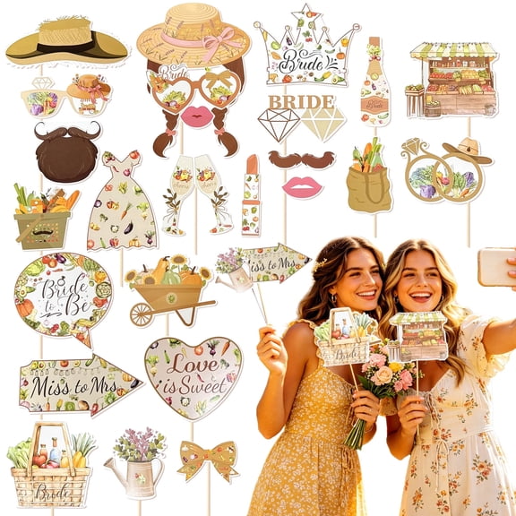 Farmhouse Bachelorette Photo Booth Props - Rustic Market Theme 25-Piece Set for Bridal Shower & Bridesmaid Party Decor