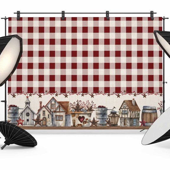 Farmhouse Backdrop for Photography,Fabric Photo Background Backdrop,American Country Star Barn Red Brown Plaid Berry Photo Booth Background for Portrait Photoshoot Video Wedding Studio Banner 7x5ft