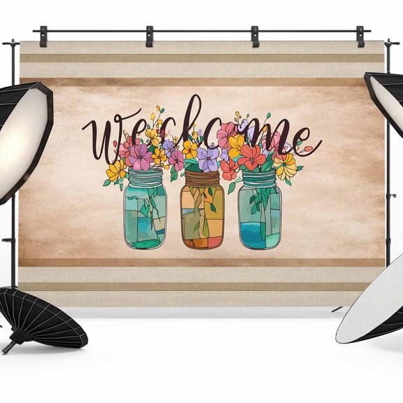 Farmhouse Backdrop for Photography, Welcome Wildflower Stained Glass Mason Jar Brown Photo Backdrop Portrait Background Party Banner Photo Backgrounds for Studio Booth Props, 12x8ft