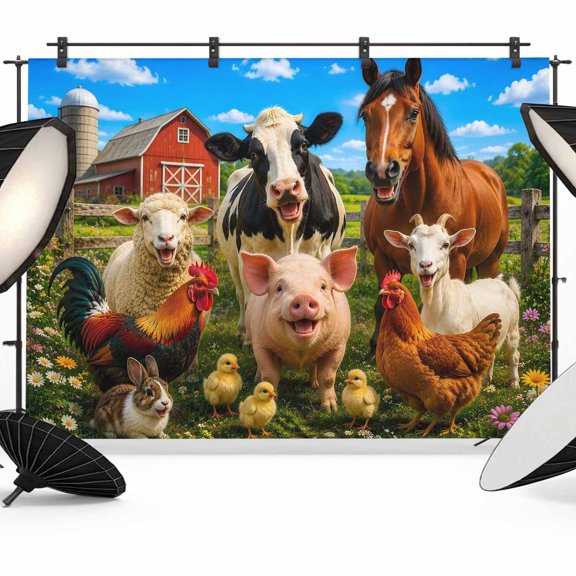 Farmhouse Backdrops for Photography, Cow Horse Rabbit Pig Sheep Red Barn Rustic Fabric Photo Background Sturdy Studio Props for Photo Studio, Video Recording, Booth & Photoshoot 7x5ft