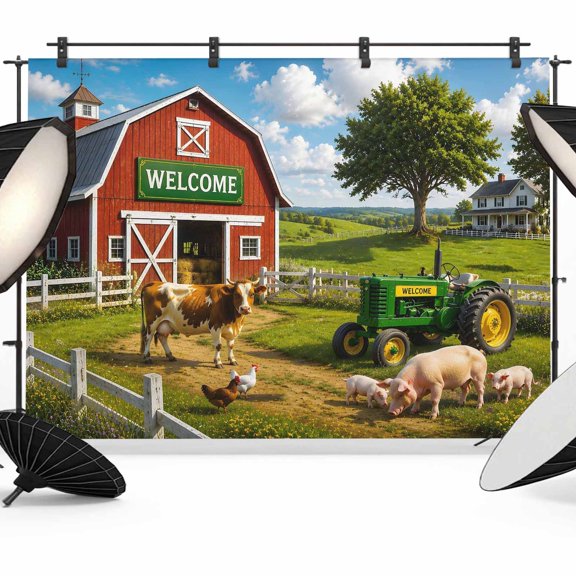 Farmhouse Backdrops for Photography, Rustic Red Barn Animal Pattern Tractor Cow Rural Fence Fabric Photo Background Sturdy Studio Props for Photo Studio, Video Recording, Booth & Photoshoot 7x5ft