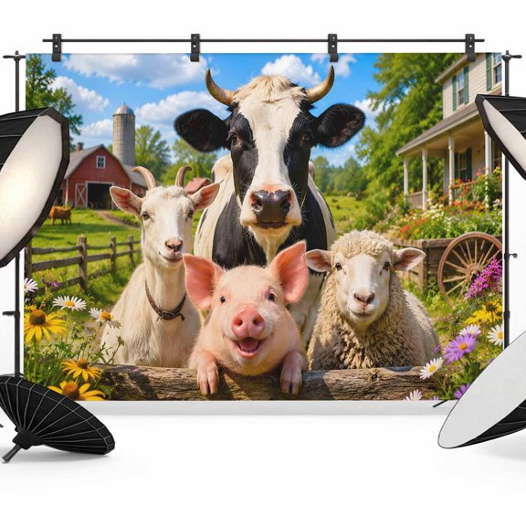 Farmhouse Backdrops for Photography, Sheep Pig Cow Barn Rustic Countryside Fabric Photo Background Sturdy Studio Props for Photo Studio, Video Recording, Booth & Photoshoot 7x5ft