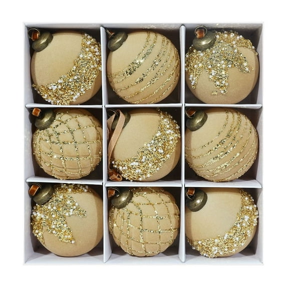 Farmhouse Ball Ornaments (Set of 9); Distressed Flocked Glitter Sequins Ball Vintage Style Christmas Decorations