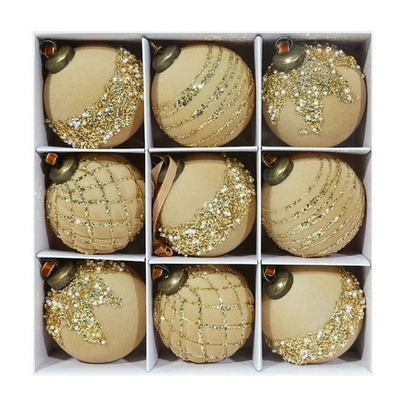 Farmhouse Ball Ornaments (Set of 9); Distressed Flocked Glitter Sequins Ball Vintage Style Christmas Decorations