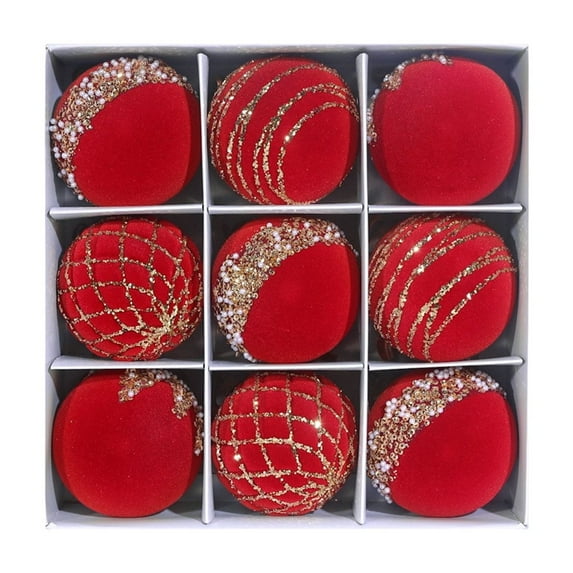 Farmhouse Ball Ornaments (Set of 9); Distressed Flocked Glitter Sequins Ball Vintage Style Christmas Decorations