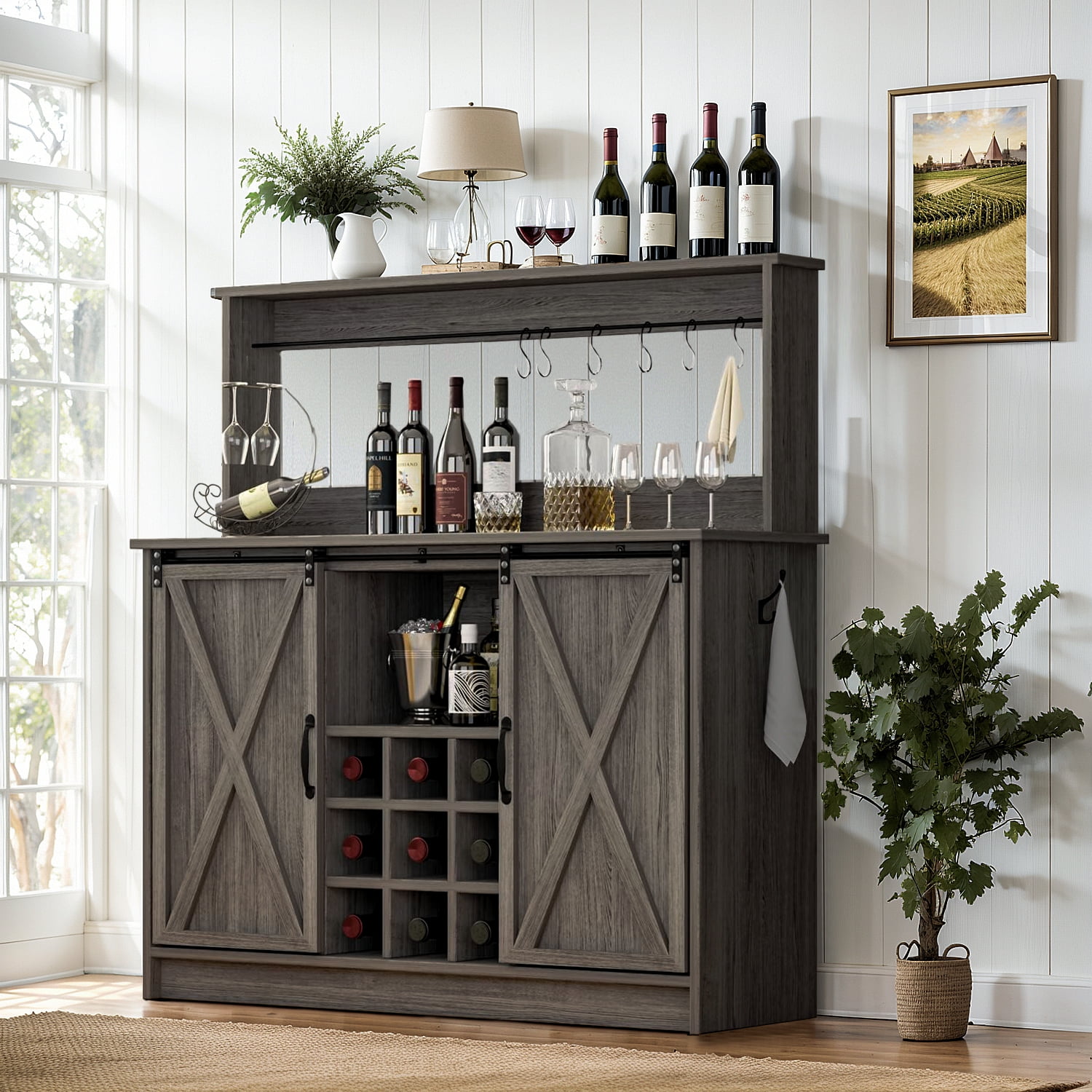 Farmhouse Bar Cabinet Home Bar Cabinet with Removable Wine Rack Sideboard Buffet Cabinet with Storage Farmhouse Gray