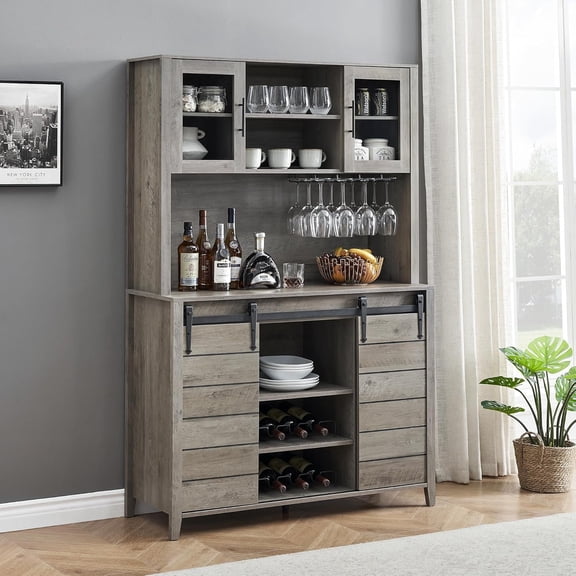 Farmhouse Bar Cabinet with Sliding Barn Door, 70" Rustic Buffet Cabinet with Storage Shelves, Liquor Cabinet with Wine and Glasses Rack, Sideboard Cupboard for Kitchen, Dining Room, Grey