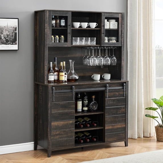 Farmhouse Bar Cabinet with Sliding Barn Door, 70" Rustic Buffet Cabinet with Storage Shelves, Liquor Cabinet with Wine and Glasses Rack, Sideboard Cupboard for Kitchen, Dining Room,Dark Oak