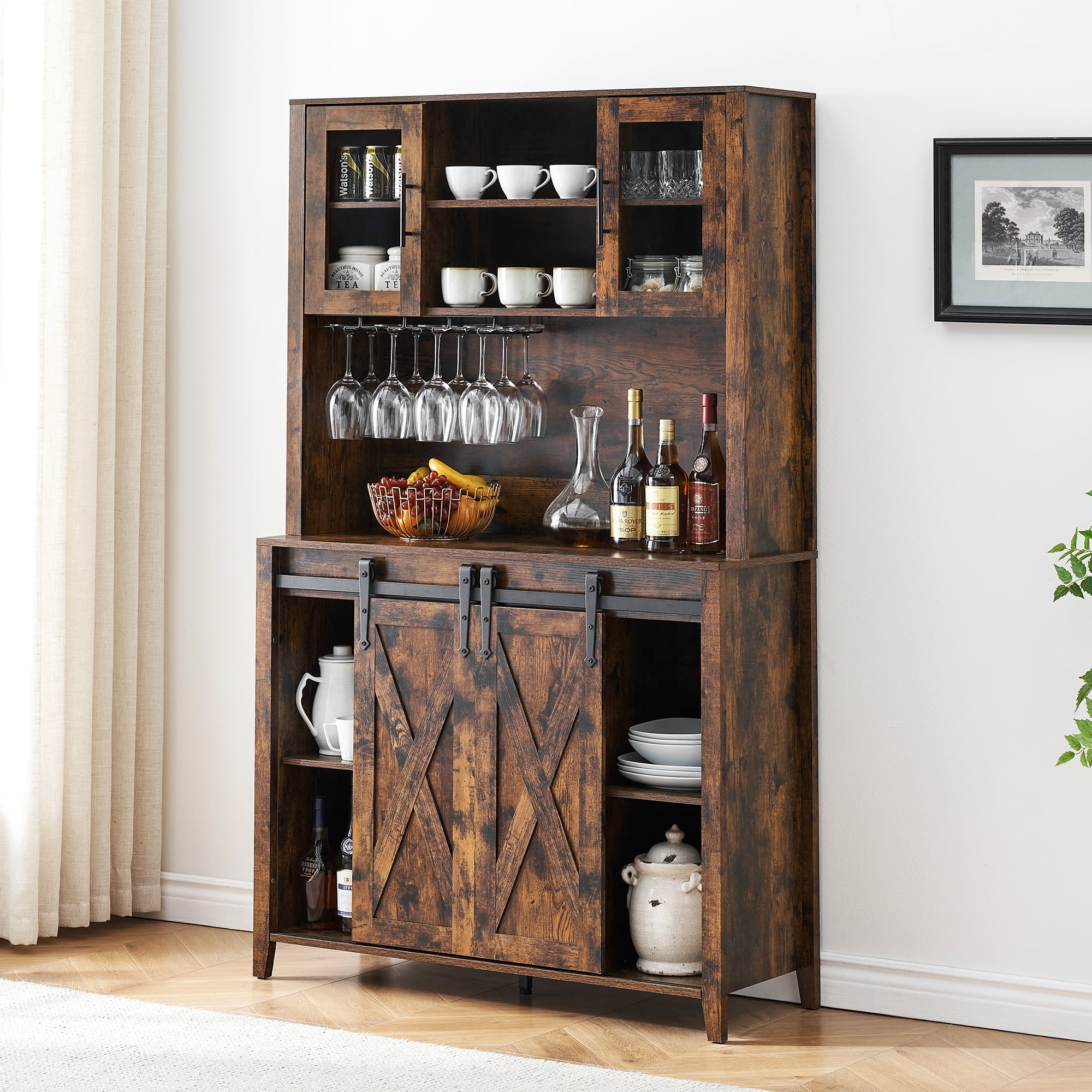 Farmhouse Bar Cabinet with Sliding Barn Door 70 Rustic Buffet Cabinet with Storage Shelves Liquor Cabinet with Wine and Glasses Rack Sideboard Cupboard for Kitchen Dining Room Walmart