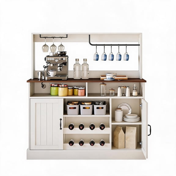 Farmhouse Bar Cabinet with Built-In Outlets, 47 Inch Coffee and Wine Bar Cabinet with Glass Holder & Wine Rack