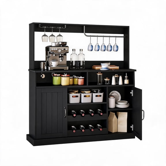 Farmhouse Bar Cabinet with Built-In Outlets, 47 Inch Coffee and Wine Bar Cabinet with Glass Holder & Wine Rack