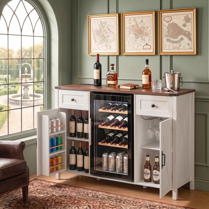 Farmhouse Bar Cabinet with Power Outlet, Home Coffee Storage Cabinet with Mini Fridge Nook, Sideboard Buffet with Barn Doors & 2 Drawers