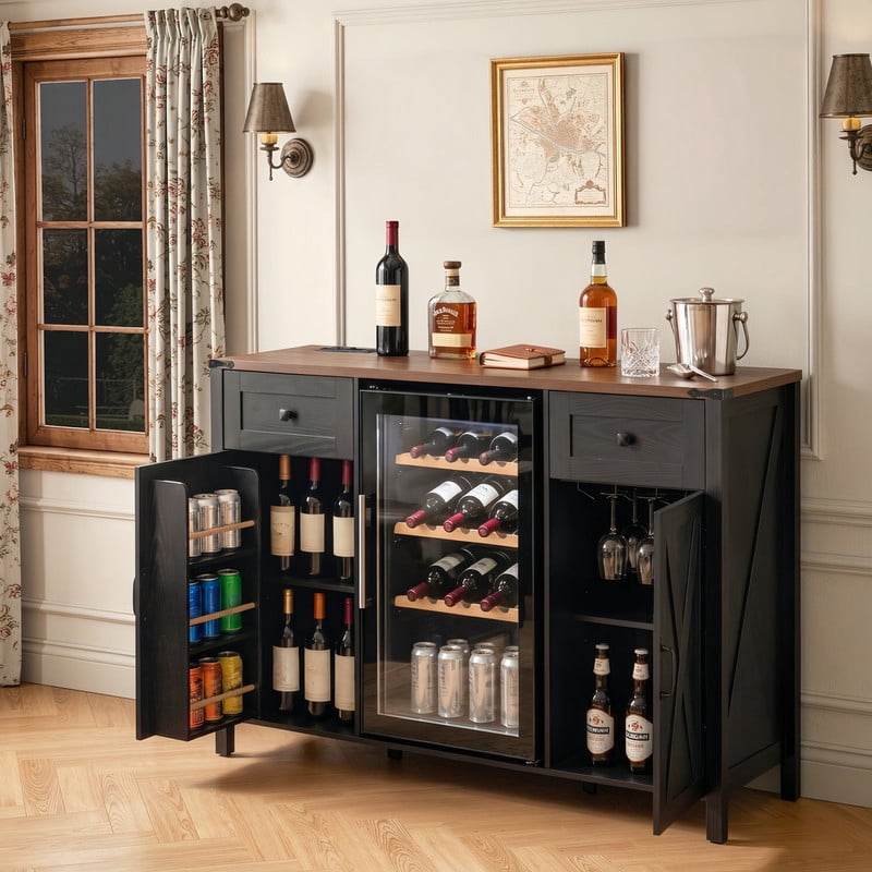 Farmhouse Bar Cabinet with Power Outlet, Home Coffee Storage Cabinet with Mini Fridge Nook, Sideboard Buffet with Barn Doors & 2 Drawers