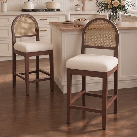Farmhouse Bar Stools Set of 2 with Chenille Upholstered Seat and Solid Wood Frame for Dining Areas