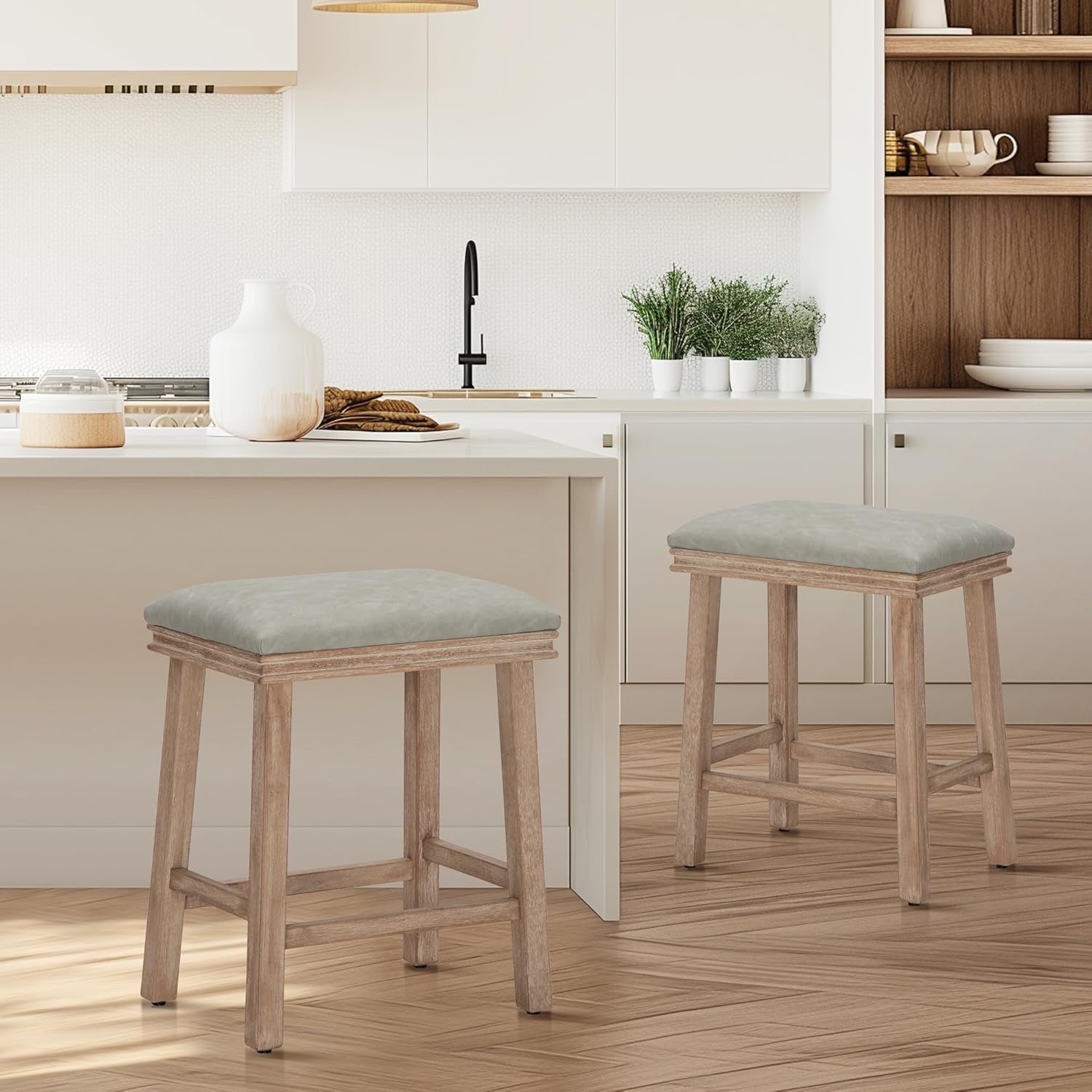 Farmhouse Bar Stools - Wood Bartools with Upholstered Saddle Seat 24 ...
