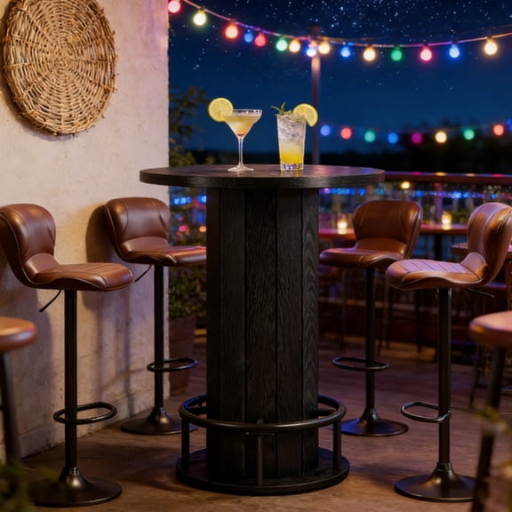 Farmhouse Bar Table Round Wooden Bar Table with Fence Style Base Metal Footrest Brown Home Pub Use