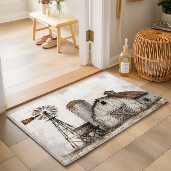 Farmhouse Barn 2'x3' Small Rugs for Entryway Front Door Kitchen Sink Area, Vintage Country Rust Windmill Fence Field Soft Sturdy Mats Washable Non Slip Rectangle Area Rug