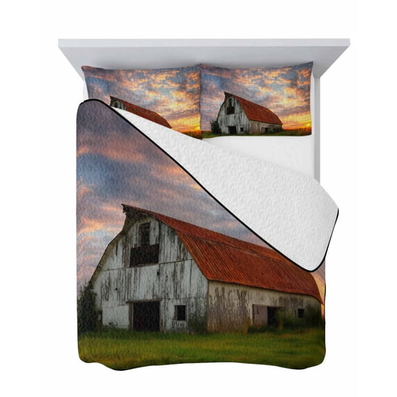 Farmhouse Barn 3 Piece Quilt Set Twin Size, Rustic Red Sunset Clouds Pastoral Meadow Nostalgic Soft Bedspread Coverlet Bedding Set Microfiber Lightweight Comforter Set with 2 Pillowcases for Bedroom