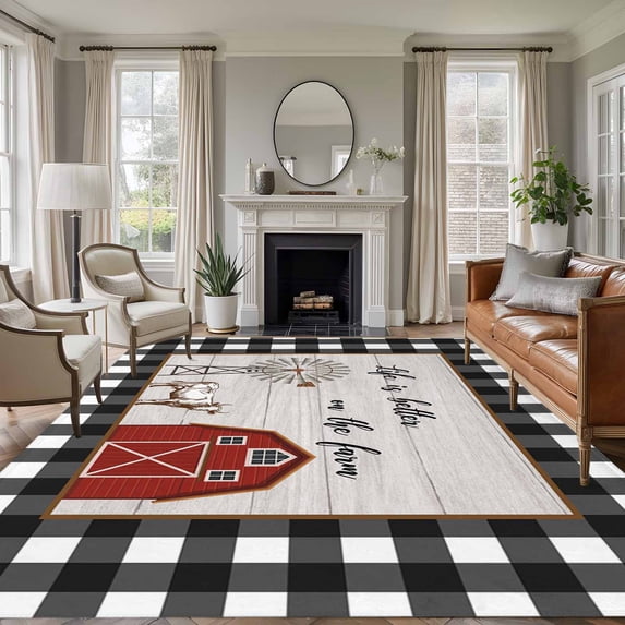 Utbn Barn Rug Farmhouse Barn 5'x7' Area Rug, Vintage Cabin Cow Wood Grain Checkered ...