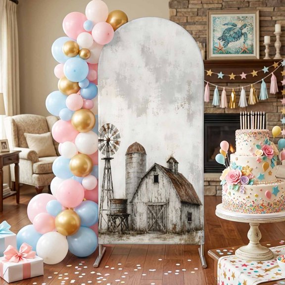 Farmhouse Barn Arch Backdrop Covers 6.6 FT, Vintage Country Rust Windmill Fence Field Stretchy Fitted Arched Stand Covers Party Arch Stand Cover Photo Booth for Wedding Birthday Decor