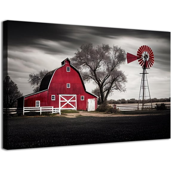 Farmhouse Barn Canvas Wall Art Red Black Windmill Pictures Kitchen Wall Decor Rustic Country Old Farm Painting Vintage Nature Landscape Poster Artworks for Living Room Bedroom Home Decorations 12x16"