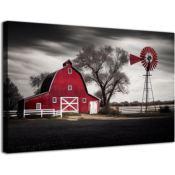 Farmhouse Barn Canvas Wall Art Red Black Windmill Pictures Kitchen Wall Decor Rustic Country Old Farm Painting Vintage Nature Landscape Poster Artworks for Living Room Bedroom Home Decorations 12x16"