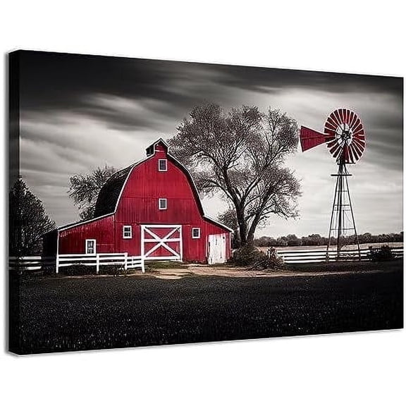 Farmhouse Barn Canvas Wall Art Red Black Windmill Pictures Kitchen Wall Decor Rustic Country Old Farm Painting Vintage Nature Landscape Poster Artworks for Living Room Bedroom Home Decorations 12x16"