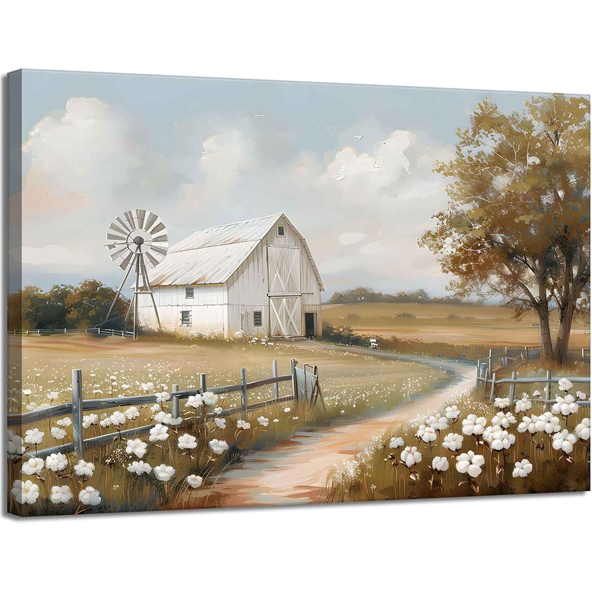 Farmhouse Barn Canvas Wall Art Rustic Farm Nature landscape Decor Pictures Retro Flower Field Meadow Barn Windmill Posters Prints for Home Decoration Bathroom Bedroom Living Room Decoration