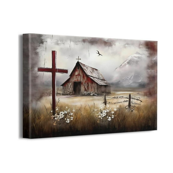 Farmhouse Barn Canvas Wall Art Rustic Old Barn Pictures Wall Decor Country Old Truck Painting Christian Cross Prints Modern Artwork Framed Home Decor for Bathroom Bedroom Living Room 16"x12"