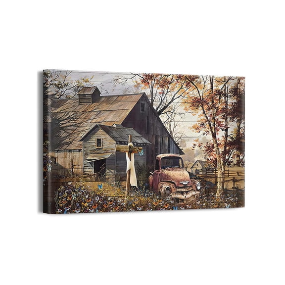 Farmhouse Barn Canvas Wall Art Rustic Old Barn Pictures Wall Decor Country Old Truck Painting Christian Cross Prints Modern Artwork Framed Home Decor for Bathroom Bedroom Living Room 18"x12"