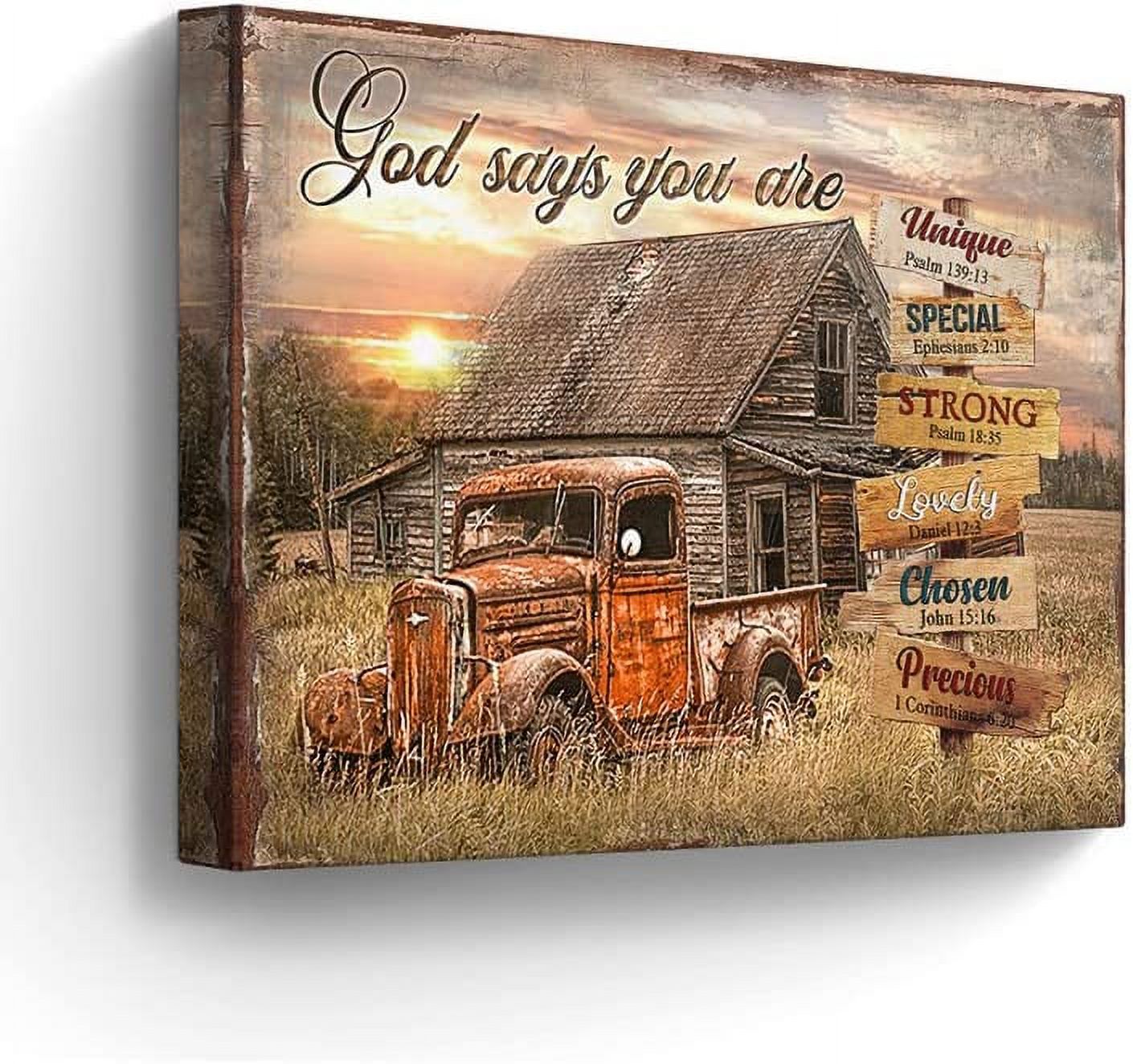 Farmhouse Barn Canvas Wall Art Rusty Red Trucks Vintage Pictures Wall Decor  Bible Verse God Says Wall Art Country Sunset View Painting for Bedroom  Bathroom Living Room Prints Framed 12