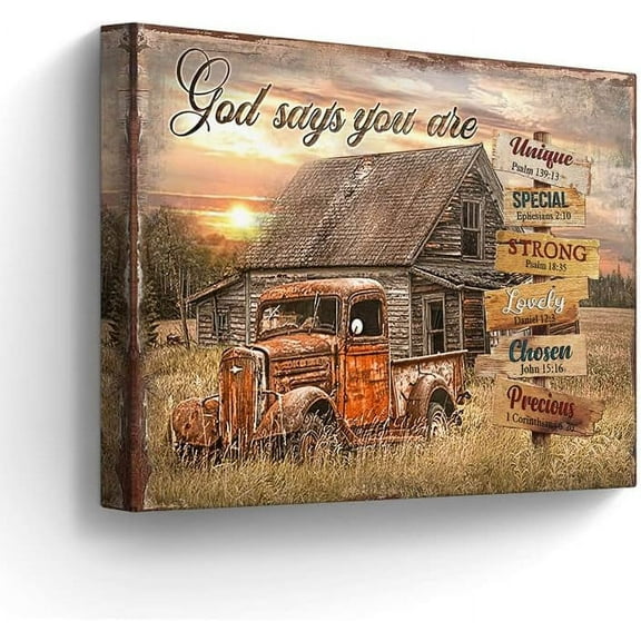 Farmhouse Barn Canvas Wall Art Rusty Red Trucks Vintage Pictures Wall Decor Bible Verse God Says Wall Art Country Sunset View Painting for Bedroom Bathroom Living Room Prints Framed 12"x16"