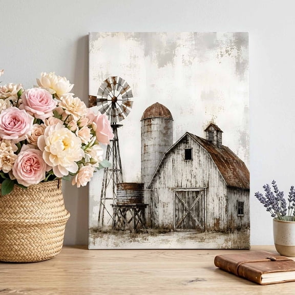 Farmhouse Barn Canvas Wall Art, Vintage Country Rust Windmill Fence Field Framed Canvas Wall Decor Picture Print Artwork Decorations for Living Room Office Ready to Hang 12" x 8"