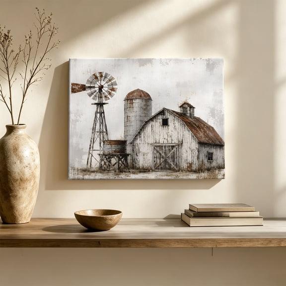 Farmhouse Barn Canvas Wall Art, Vintage Country Rust Windmill Fence Field Wall Art Prints Artwork Framed Canvas Ready to Hang Art Pictures for Living Dining Room Bedroom Hallway 24" x 20"