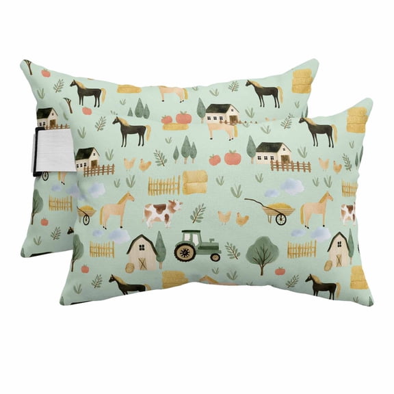 Farmhouse Barn Cartoon Animal Outdoor Pillow for Chaise Lounge Chair,Head Resting&nbsp;Pillow with Insert, Spring Leaves Green Waterproof Lumbar Pillows for Patio Chaise Beach Chair,11"x16" 2 Pack