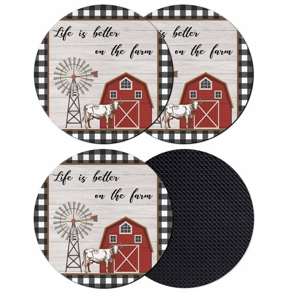 Farmhouse Barn Coasters Set of 4, Absorbent Coasters for Drinks, Vintage Cabin Cow Wood Grain Checkered Coaster for Desk Coffee Table Protection, Home Decor House Warming Gifts 4"