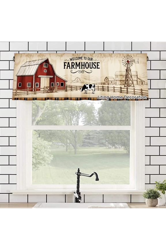 Farmhouse Barn Cow Windmill kitchen Curtain Valances for Windows For Indoor Living Room Bedroom Kitchen Decoration 54x18 inch