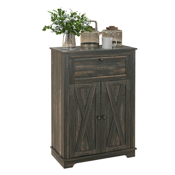 Farmhouse Barn Door Accent Cabinet, Kitchen Sideboard Storage Cabinet with Double Doors, Drawer, and Adjustable Shelf for Bedroom, Living Room, Dark Brown