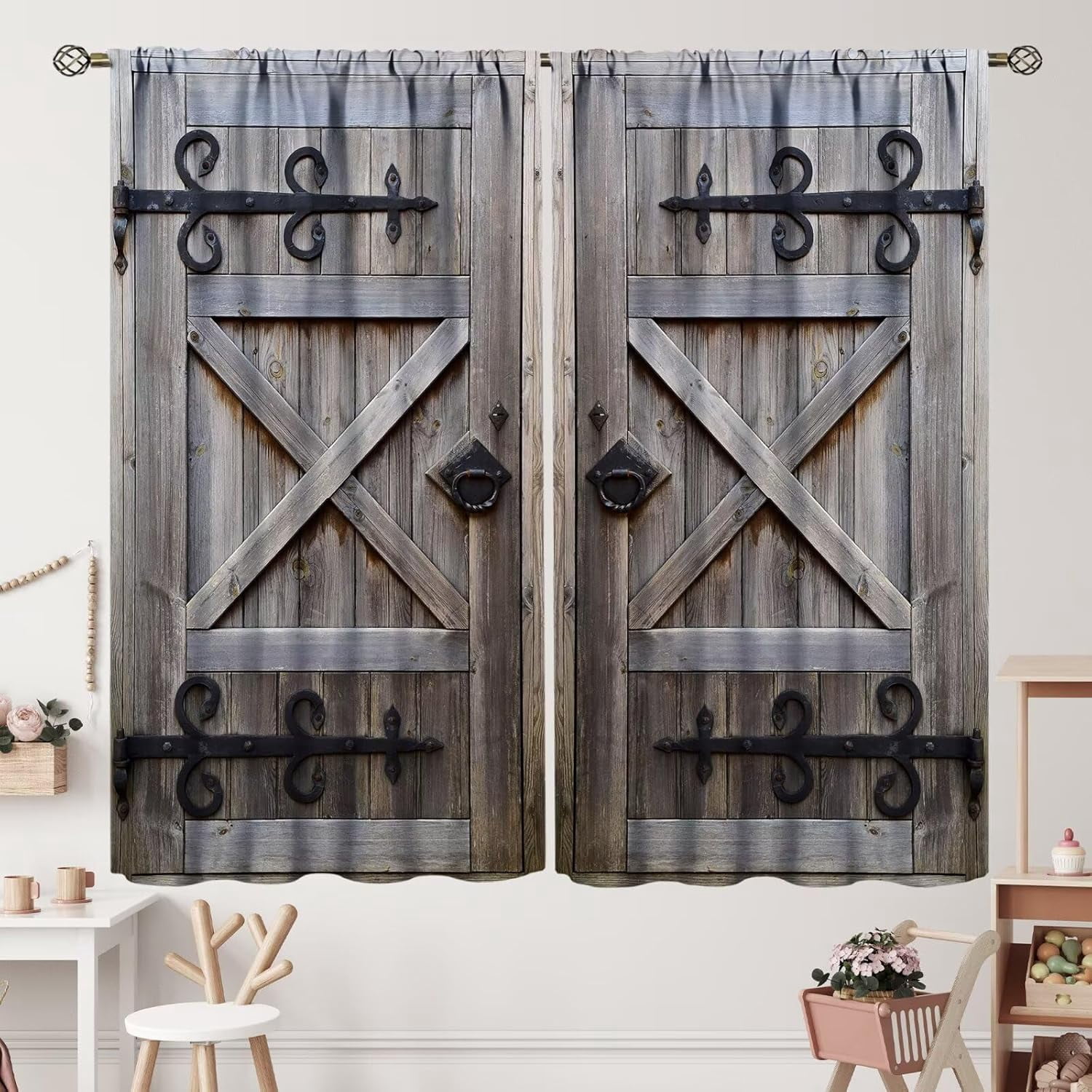 Farmhouse Barn Door Curtains Rustic Wood Country Vintage Rural Blue