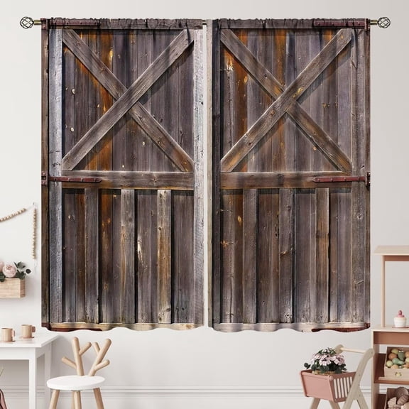 Farmhouse Barn Door Curtains Rustic Wood Country Vintage Rural Blue Grey Wooden Plank Cabin Barnwood Curtain with Rod Pocket Home Decor Drapes Window Treatments 2 Panels Set 42x54 Inch